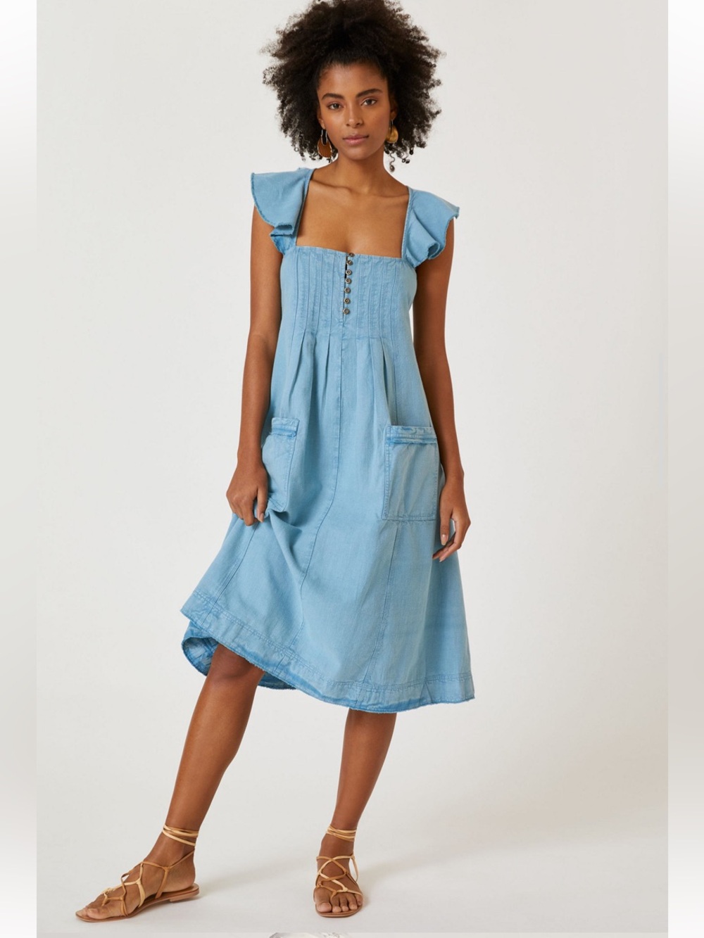 New Anthropologie Pilcro Flutter Sleeve Open Back Pleated Denim Midi Dress S